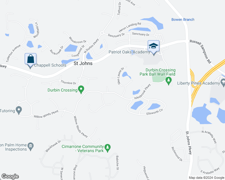 map of restaurants, bars, coffee shops, grocery stores, and more near 205 Islesbrook Parkway in Saint Johns