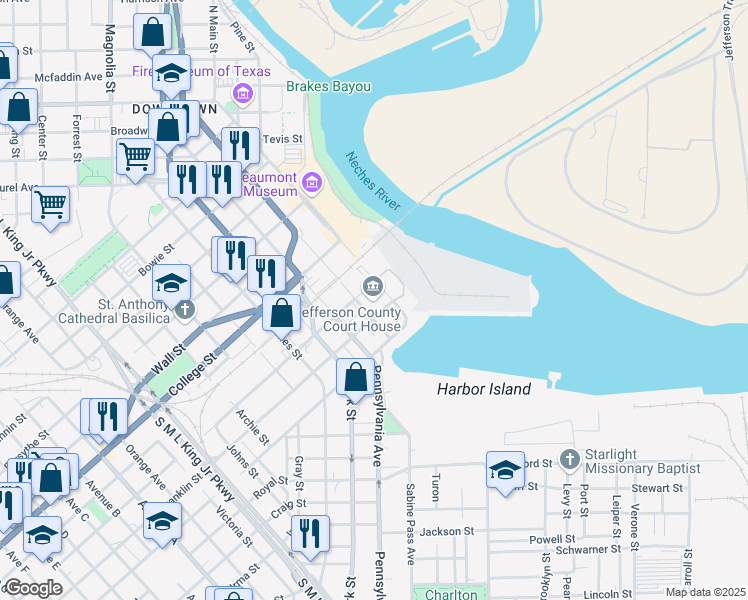 map of restaurants, bars, coffee shops, grocery stores, and more near 1149 Pearl Street in Beaumont