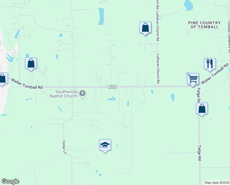 map of restaurants, bars, coffee shops, grocery stores, and more near 16623 Farm to Market 2920 in Tomball