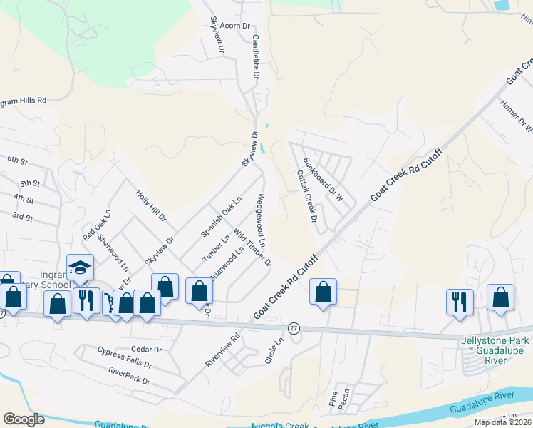 map of restaurants, bars, coffee shops, grocery stores, and more near 225 Wedgewood Lane in Kerrville