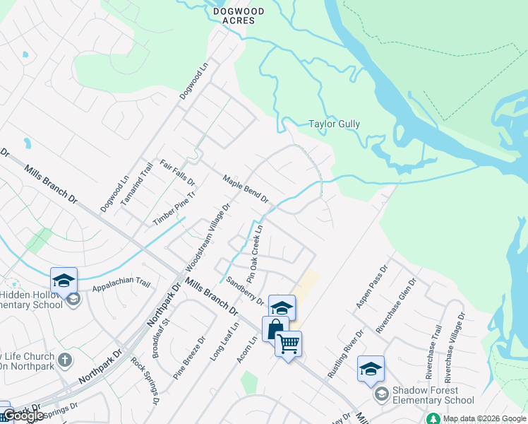 map of restaurants, bars, coffee shops, grocery stores, and more near 2802 Woodspring Forest Drive in Houston