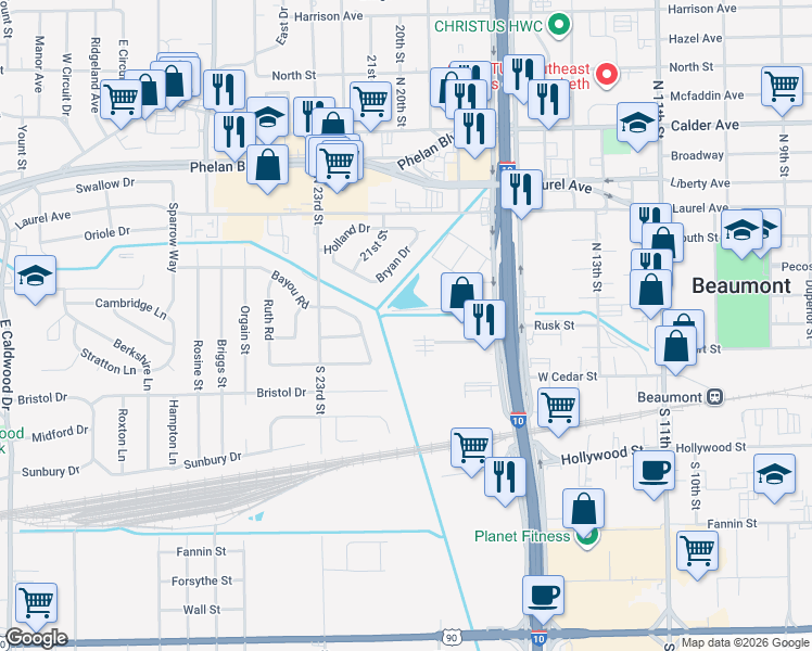 map of restaurants, bars, coffee shops, grocery stores, and more near 3400 Plaza Circle in Beaumont