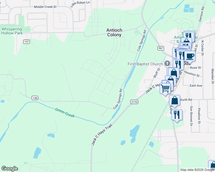 map of restaurants, bars, coffee shops, grocery stores, and more near 570 Cole Springs Road in Buda