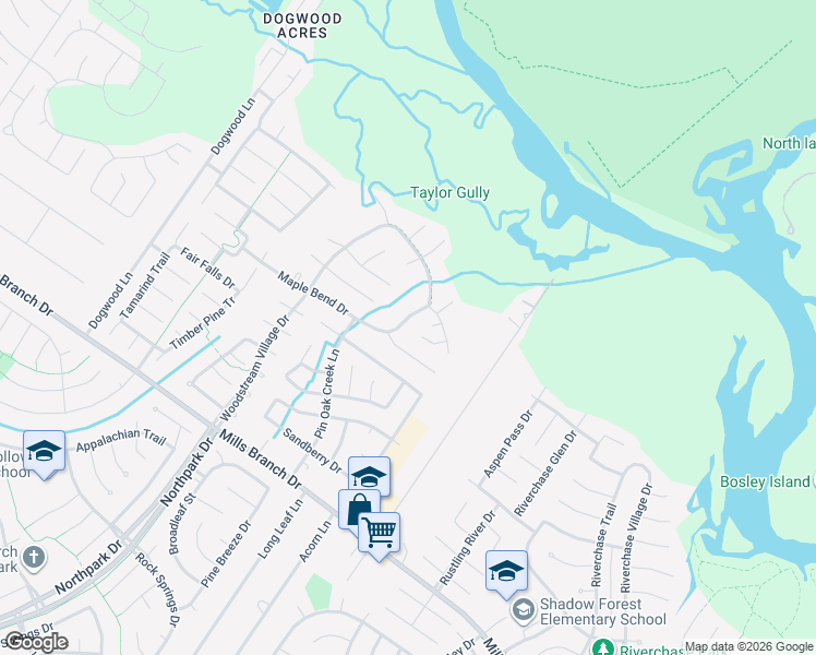 map of restaurants, bars, coffee shops, grocery stores, and more near 4815 Scenic Woods Trail in Houston