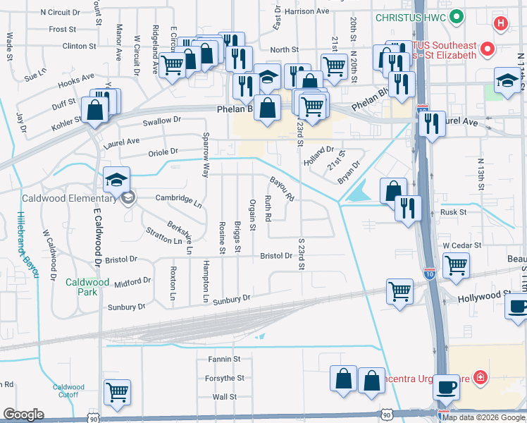 map of restaurants, bars, coffee shops, grocery stores, and more near 129 Orgain Street in Beaumont