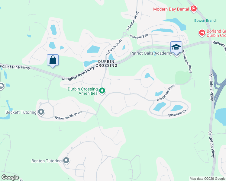 map of restaurants, bars, coffee shops, grocery stores, and more near 208 Berry Farm Lane in Saint Johns