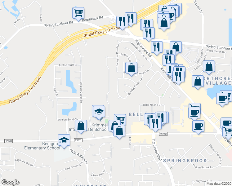 map of restaurants, bars, coffee shops, grocery stores, and more near 21335 Gable Meadows Lane in Spring