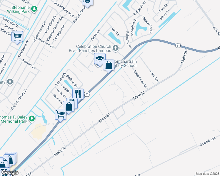 map of restaurants, bars, coffee shops, grocery stores, and more near 158 Ingleside Road in LaPlace