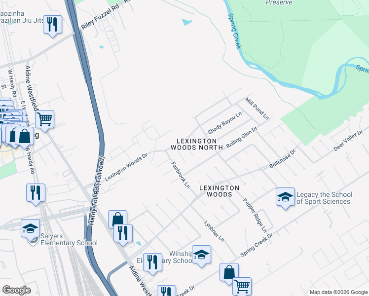map of restaurants, bars, coffee shops, grocery stores, and more near 25906 Long Hill Lane in Spring