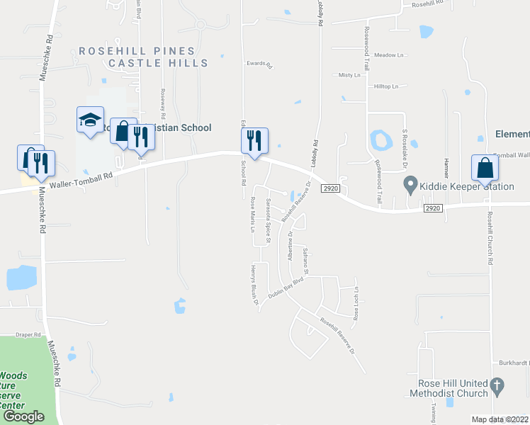 map of restaurants, bars, coffee shops, grocery stores, and more near 21819 Sarasota Spice Street in Tomball