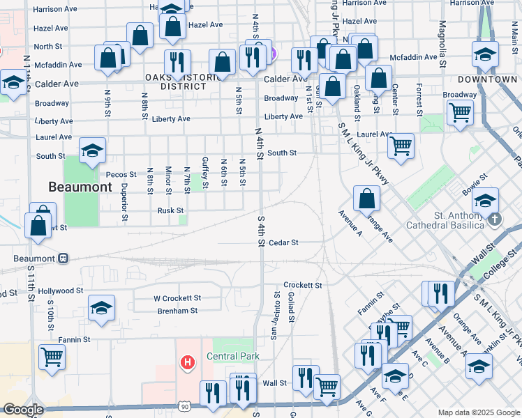 map of restaurants, bars, coffee shops, grocery stores, and more near 10 South 4th Street in Beaumont