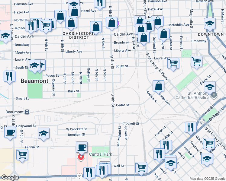 map of restaurants, bars, coffee shops, grocery stores, and more near 7 South 4th Street in Beaumont