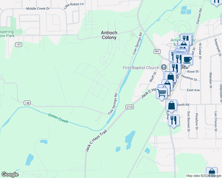 map of restaurants, bars, coffee shops, grocery stores, and more near 285 Callahan Loop in Buda