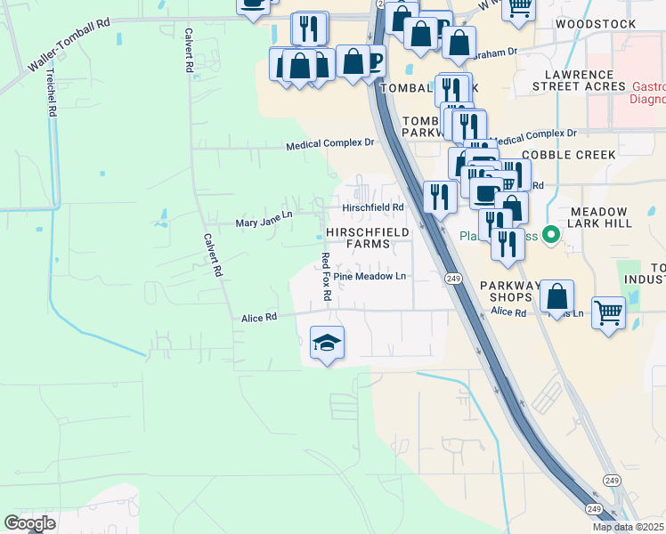 map of restaurants, bars, coffee shops, grocery stores, and more near 14219 Meadowlark Lane in Tomball