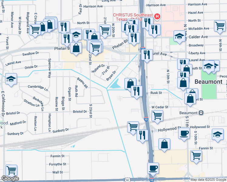 map of restaurants, bars, coffee shops, grocery stores, and more near 3695 Bryan Drive in Beaumont