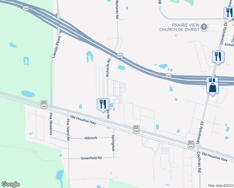 map of restaurants, bars, coffee shops, grocery stores, and more near 23229 Richards Road in Prairie View