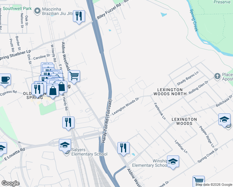 map of restaurants, bars, coffee shops, grocery stores, and more near Hardy Toll Road in Spring