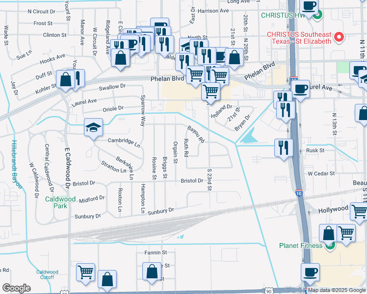 map of restaurants, bars, coffee shops, grocery stores, and more near 55 Ruth Road in Beaumont