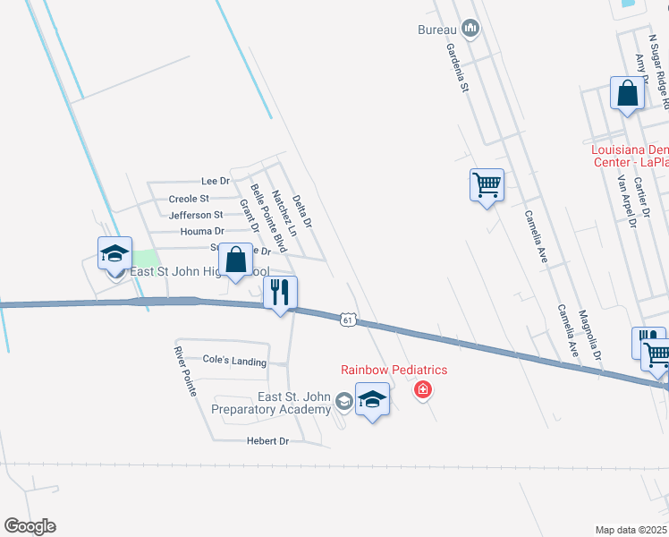map of restaurants, bars, coffee shops, grocery stores, and more near 1412 Delta Drive in LaPlace
