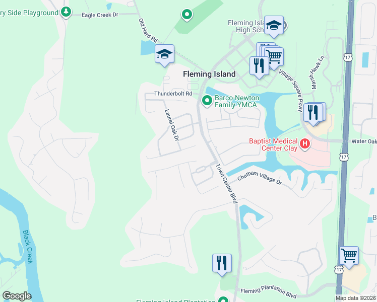 map of restaurants, bars, coffee shops, grocery stores, and more near 1722 Moss Creek Drive in Orange Park