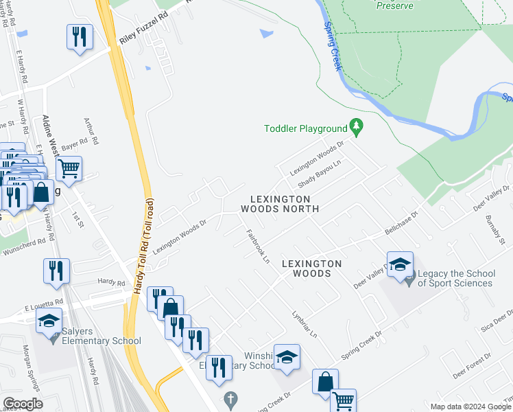 map of restaurants, bars, coffee shops, grocery stores, and more near 25910 Old Carriage Lane in Spring