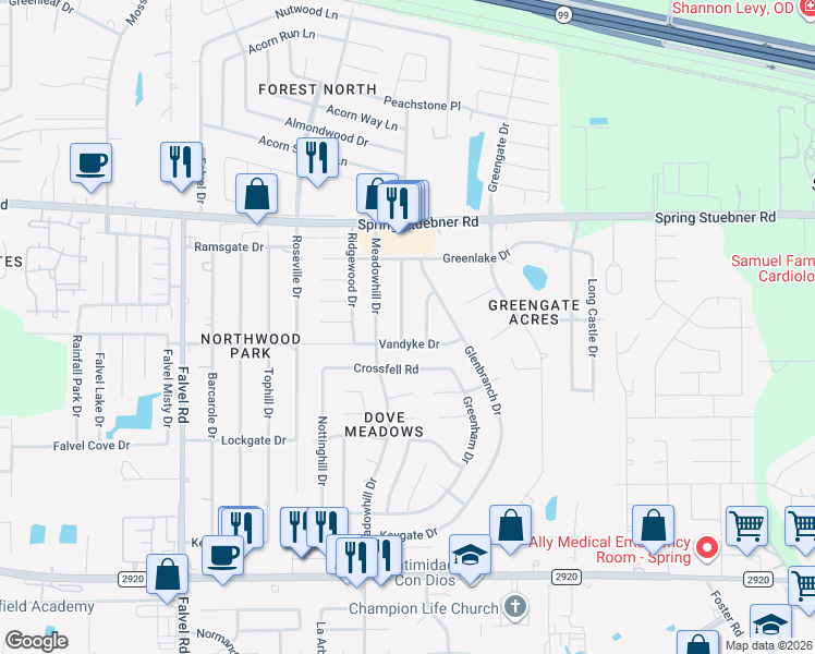 map of restaurants, bars, coffee shops, grocery stores, and more near 21718 Rotherham Drive in Spring