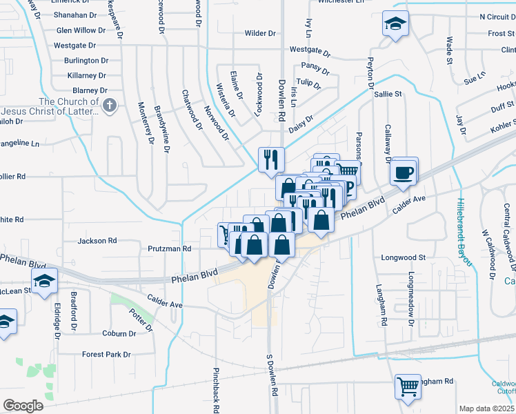 map of restaurants, bars, coffee shops, grocery stores, and more near 6550 Lexington Drive in Beaumont