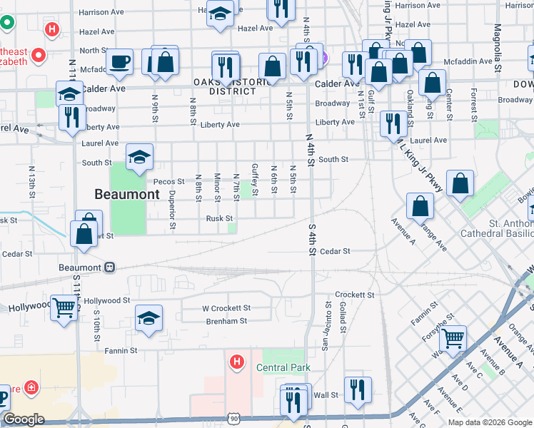 map of restaurants, bars, coffee shops, grocery stores, and more near 2228 Rusk Street in Beaumont