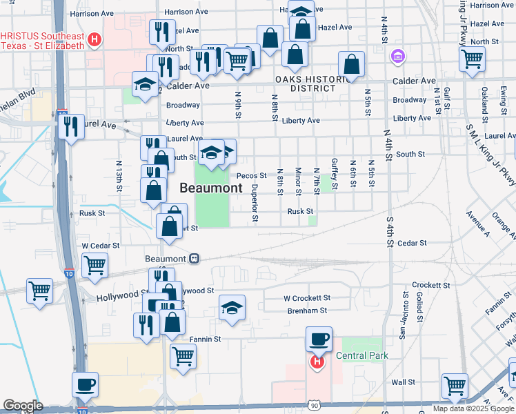 map of restaurants, bars, coffee shops, grocery stores, and more near 40 Duperier Street in Beaumont