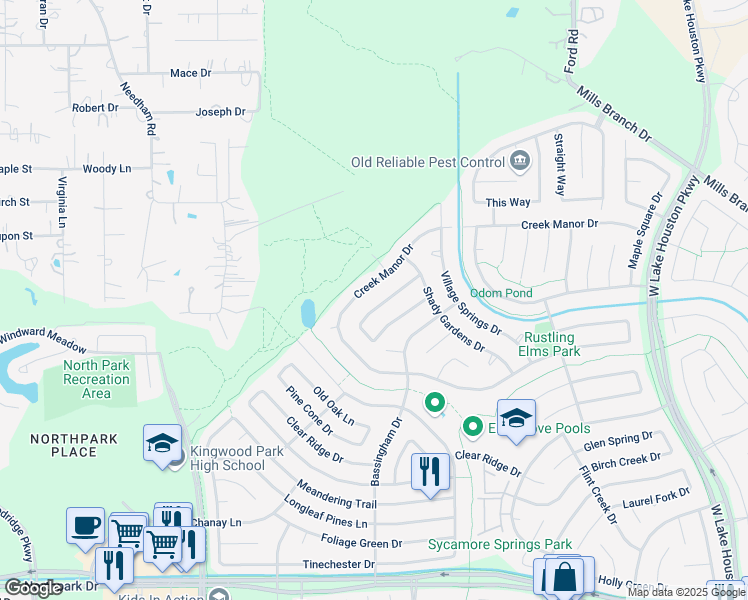 map of restaurants, bars, coffee shops, grocery stores, and more near 2911 Parkwood Manor Drive in Humble