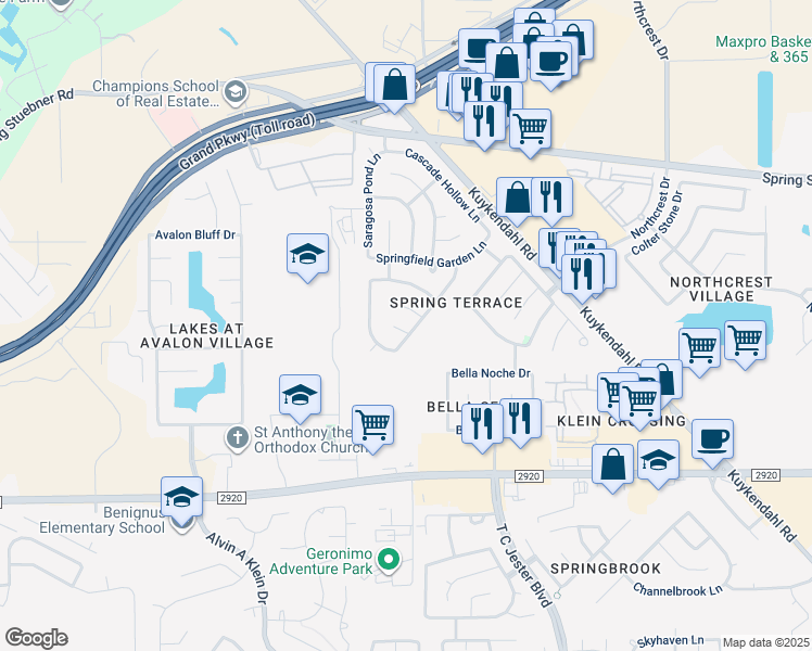 map of restaurants, bars, coffee shops, grocery stores, and more near 6806 Baron Gate Court in Spring