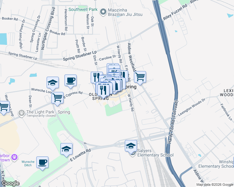map of restaurants, bars, coffee shops, grocery stores, and more near 214 Main Street in Spring