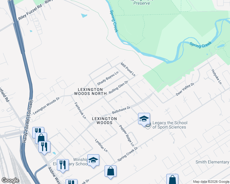 map of restaurants, bars, coffee shops, grocery stores, and more near 2606 Rolling Glen Drive in Spring