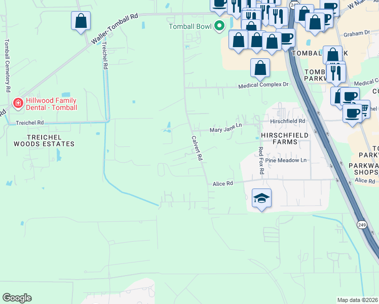 map of restaurants, bars, coffee shops, grocery stores, and more near 27815 Calvert Road in Tomball