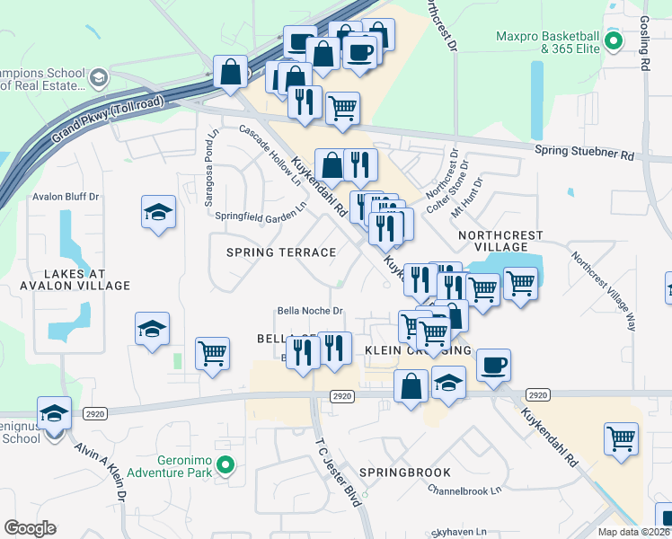 map of restaurants, bars, coffee shops, grocery stores, and more near 6711 Lindale Manor Court in Spring