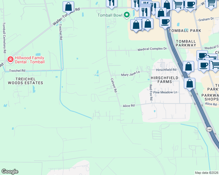 map of restaurants, bars, coffee shops, grocery stores, and more near 27815 Calvert Road in Tomball