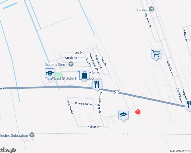 map of restaurants, bars, coffee shops, grocery stores, and more near 8894 Sunny Side Drive in LaPlace