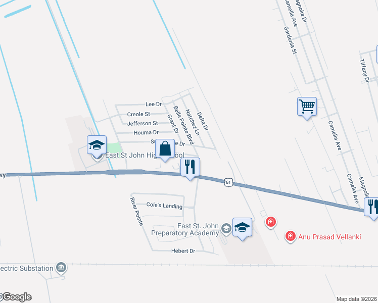 map of restaurants, bars, coffee shops, grocery stores, and more near 8894 Sunny Side Drive in LaPlace