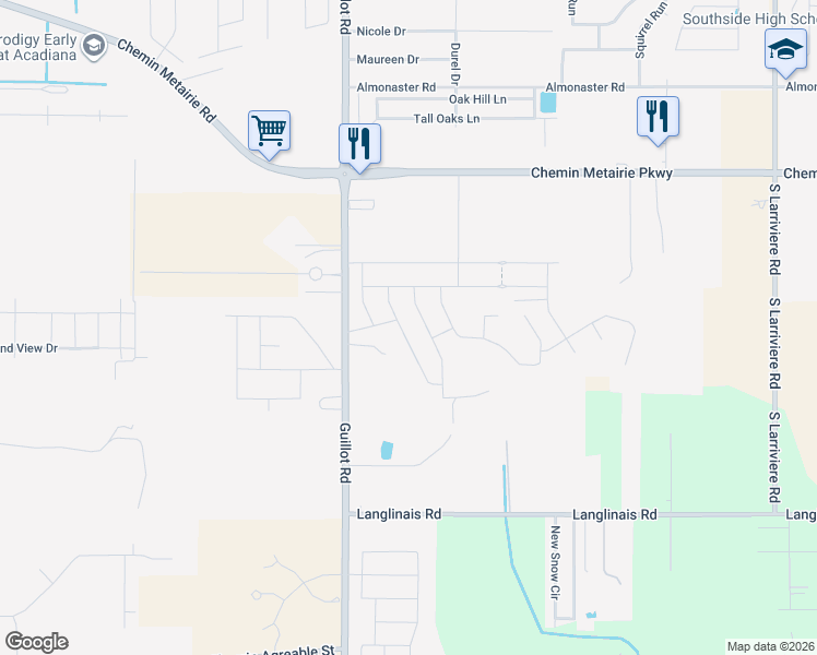 map of restaurants, bars, coffee shops, grocery stores, and more near 111 Caillou Grove Road in Youngsville
