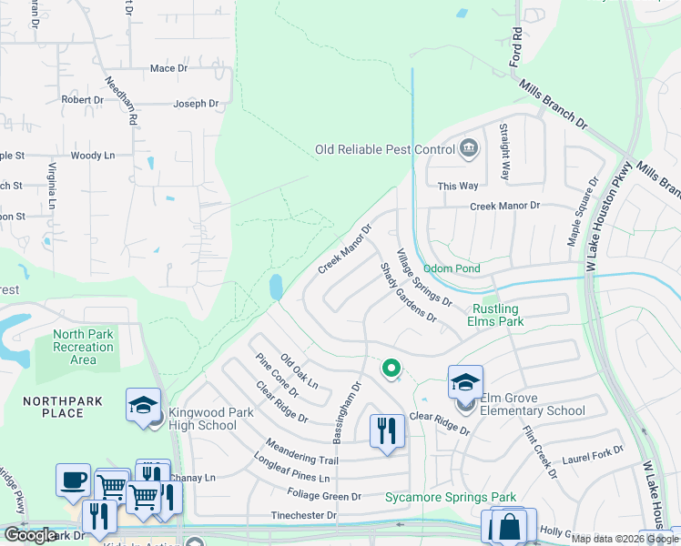 map of restaurants, bars, coffee shops, grocery stores, and more near 2911 Parkwood Manor Drive in Humble