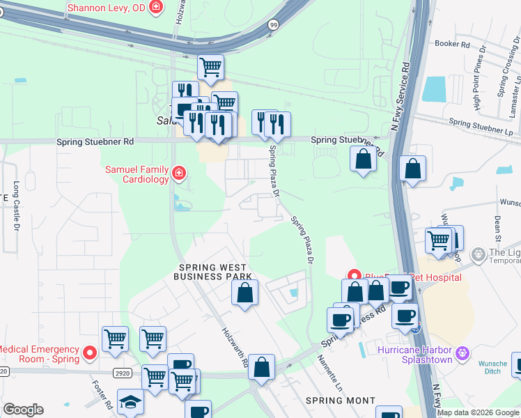 map of restaurants, bars, coffee shops, grocery stores, and more near 21525 Spring Plaza Drive in Spring