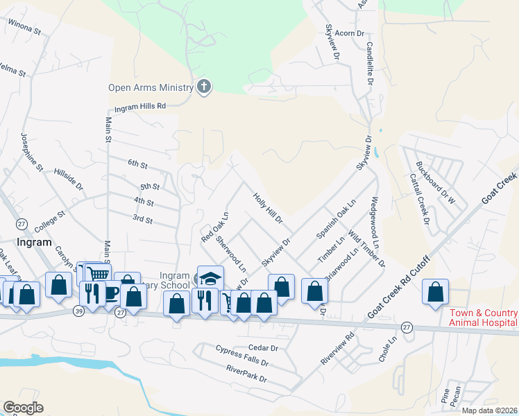 map of restaurants, bars, coffee shops, grocery stores, and more near 116 Holly Hill Dr in Ingram