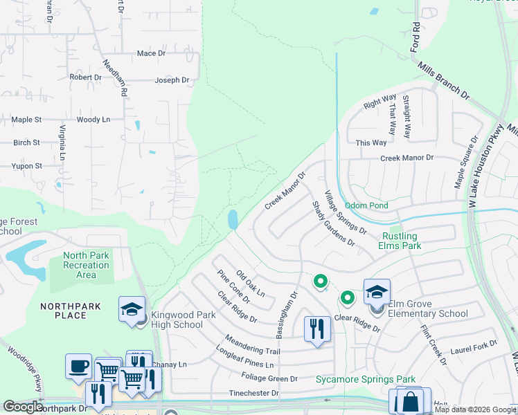 map of restaurants, bars, coffee shops, grocery stores, and more near 2831 Creek Manor Drive in Humble