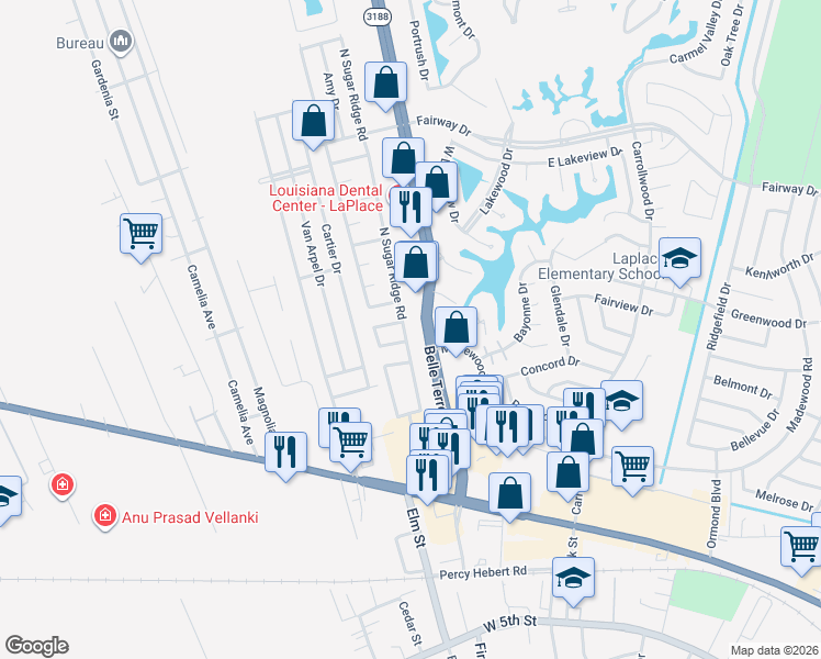map of restaurants, bars, coffee shops, grocery stores, and more near 279 Belle Terre Boulevard in LaPlace