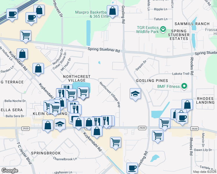 map of restaurants, bars, coffee shops, grocery stores, and more near 5802 Northcrest Village Way in Spring