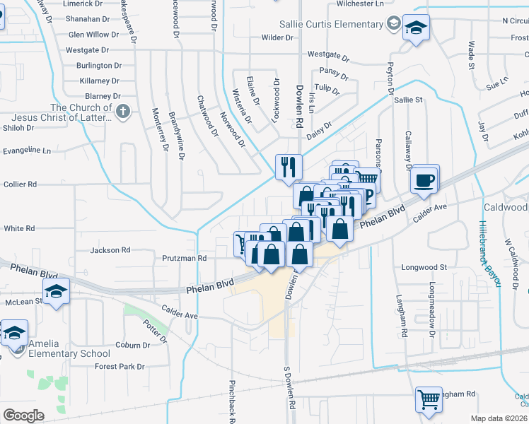 map of restaurants, bars, coffee shops, grocery stores, and more near 6550 Lexington Drive in Beaumont