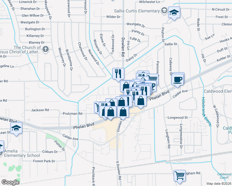 map of restaurants, bars, coffee shops, grocery stores, and more near 6550 Lexington Drive in Beaumont