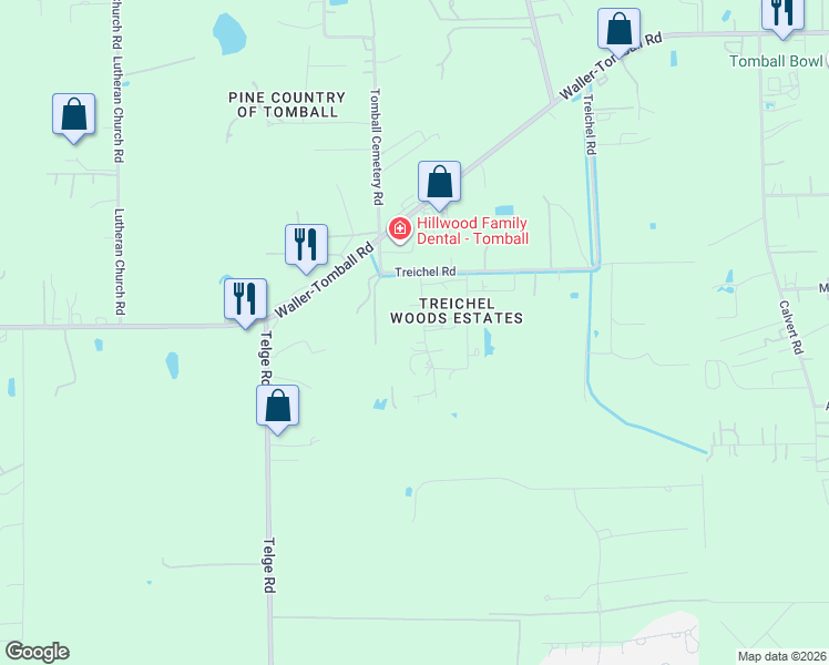 map of restaurants, bars, coffee shops, grocery stores, and more near 15629 Triechel Road in Tomball
