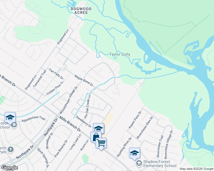 map of restaurants, bars, coffee shops, grocery stores, and more near 4815 Scenic Woods Trail in Houston