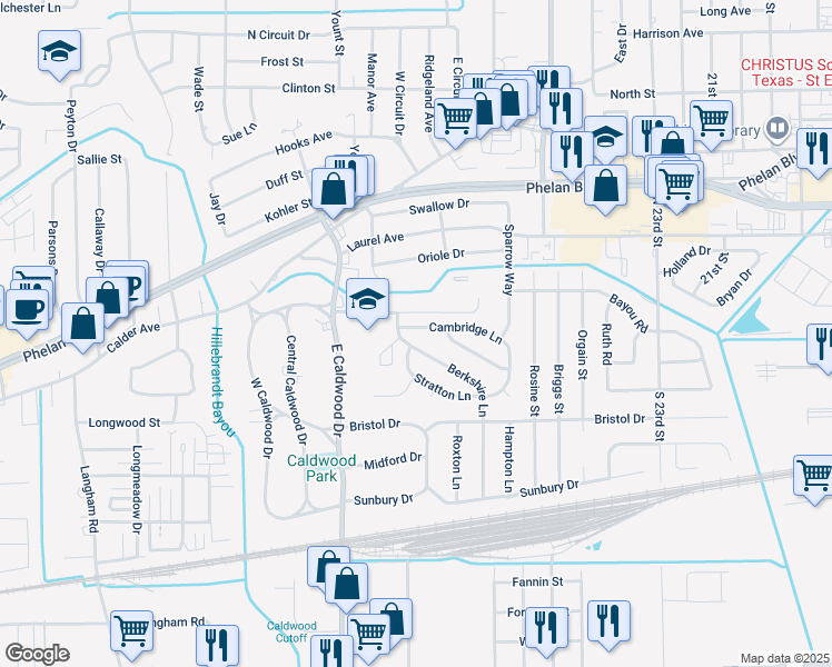 map of restaurants, bars, coffee shops, grocery stores, and more near 5375 Cambridge Lane in Beaumont